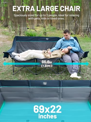 Timber Ridge 3 Person Camping Chair with Cup Holders and Pockets, Outdoor Folding Loveseat Camping Chairs, 1050lbs Capacity Heavy Duty Camp Couch for Outside Picnic, Beach, Lawn, Sports, Blue - color: 3 Person Blue