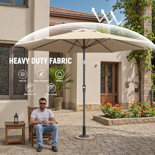 Outdoor Patio Umbrella with One Push Button Tilt and Crank, 8 Sturdy Ribs Market Table Umbrella - color: Beige-Fiberglass Ribs, size: 9FT
