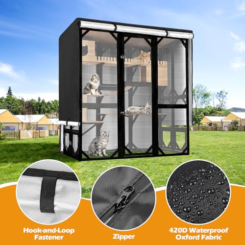 Catio Cover, 73" L x 40" W x 73" H Waterproof Cover for Outdoor Cat Enclosure, 420D Cat Cage Cover for FunXplore Cats Catios, Black (Catio Not Included) - size: 73"L x 40"W x 73"H for FunXplore