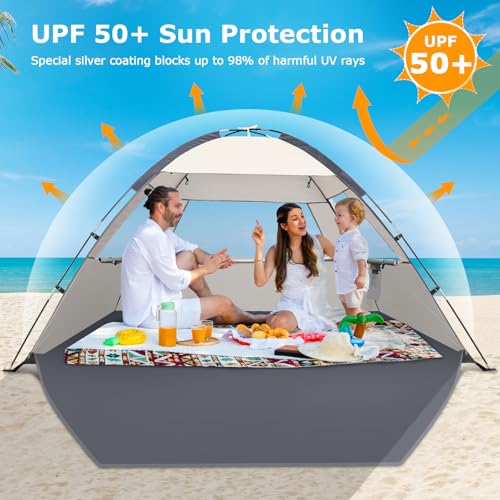 COMMOUDS Beach Tent Sun Shade for 3/4/6/8 Person, UPF 50+ Beach Sun Shelter Canopy Tent, Lightweight, Easy Set Up and Carry - color: CreamyGray, size: 3 Person
