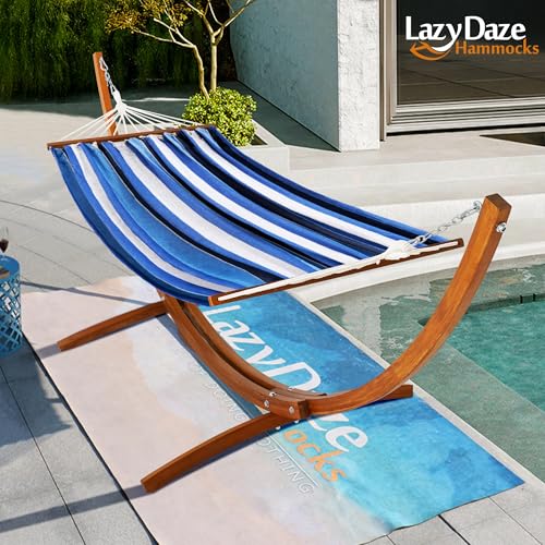 Lazy Daze Hammocks Cotton Fabric Spreader Bar Hammock and 10.5 Ft Wood Arc Hammock Stand Combo, for Indoor, Outdoor,Patio, Backyard, Blue and Cyan - color: Blue and Cyan