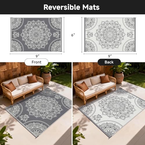 Pauwer Waterproof Outdoor Rug 6x9, Reversible Plastic Straw Patio Camping Rug, Indoor Outdoor RV Mat Carpet for Deck, Camper, Porch, Balcony, Backyard, Picnic, Floral Grey - color: Floral Grey, size: 6' x 9' (Rectangular)