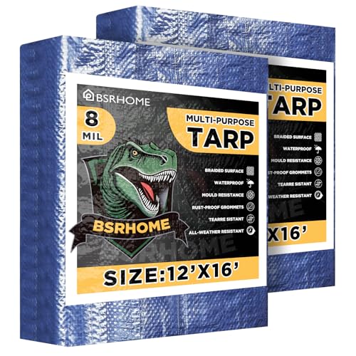 Tarps Waterproof 12x16 Feet, 2 Pack Heavy Duty Blue Tarp Cover 8 Mil Thick, Resistant Plastic Tarpaulin with Metal Grommets, Outdoor Tent Cover for Emergency Rain - color: Blue-8mil, size: 12'x16' 2pk