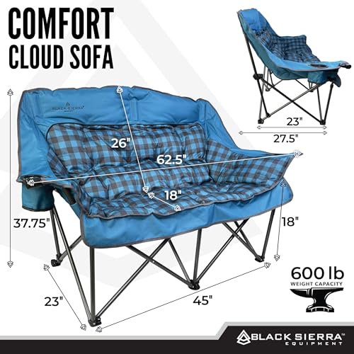 Black Sierra Double Loveseat Comfort Camping Couch, Oversized Folding Chair for Adults, 600‑lb Capacity, Plush Padded Heavy Duty Outdoor Seat with Cup Holders & Carry Bag for Beach, RV | Double loveseat, 600 lb capacity, Padded comfort, Outdoor ready, Cup