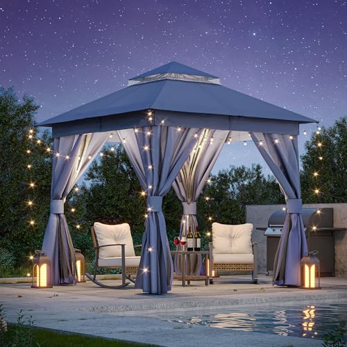 LAUSAINT HOME 8'x8' Outdoor Gazebo, Metal Frame Heavy Duty Patio Canopy Tent Shelter with Double Roofs, Mosquito Nettings and Privacy Screens for Backyard, Garden, Lawn, Navy Blue - color: Navy Blue, size: 8'x8'
