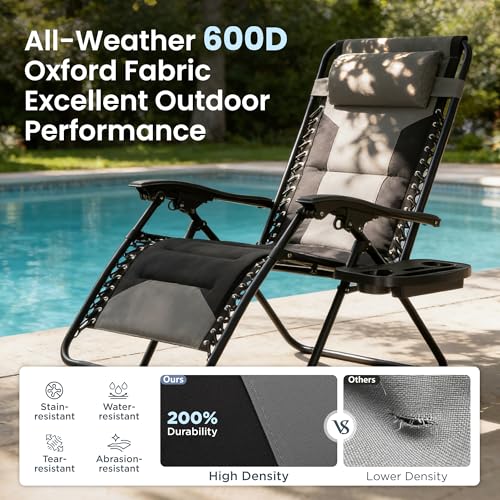 PHI VILLA Zero Gravity Chair Set of 2, Padded Anti Gravity Recliner, Oversized 28" Wide Seat, Foldable Patio Lounger with Armrest & Cup Holder, Supports 400 LBS (Grey) - color: Grey