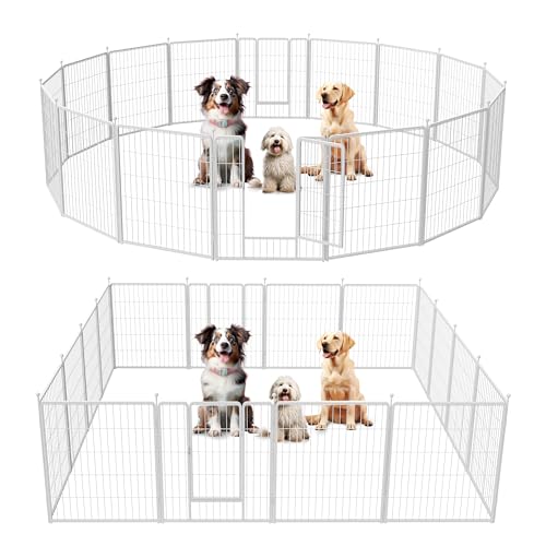 Simple Deluxe Dog Playpen, 32" Height 16 Panels Fence with Anti-Rust Coating, Metal Heavy Portable Foldable Dog Pen for Small/Medium/Large Dogs RV Camping, White - color: White, size: 16 Panels 32 inch, style: Metal