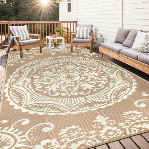 Capslpad Outdoor Rug 8x10 Patio Waterproof Boho Floral Plastic Straw Rug Large Foldable Vintage Outside Carpet with Carry Bag for RV Backyard Balcony Bench Picnic Porch, Beige - color: Light Beige, size: 8' x 10' (Rectangular)