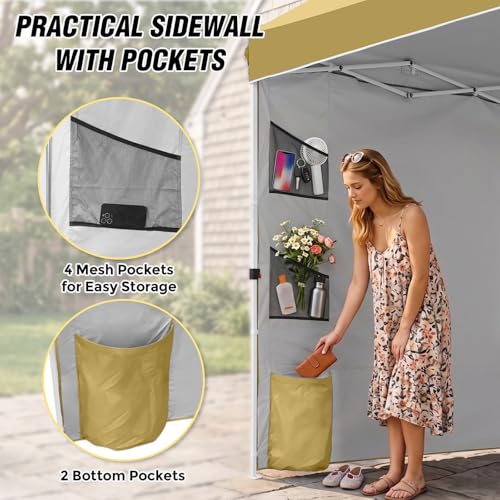 EAGLE PEAK Commercial Canopy 10x10 with Sidewall Storage, Easy OnePerson Setup Pop Up Canopy Tent with Roller Bag, Stakes, Ropes, and Weight Bags, Beige - color: Beige
