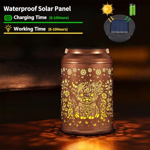 Solar Lanterns Outdoor Waterproof Garden Decor Birthday Gifts for Women Mom Grandma Hanging Solar Lights Metal Decoration Outside for Yard, Patio (Highland Cattle) - style: Highland Cattle