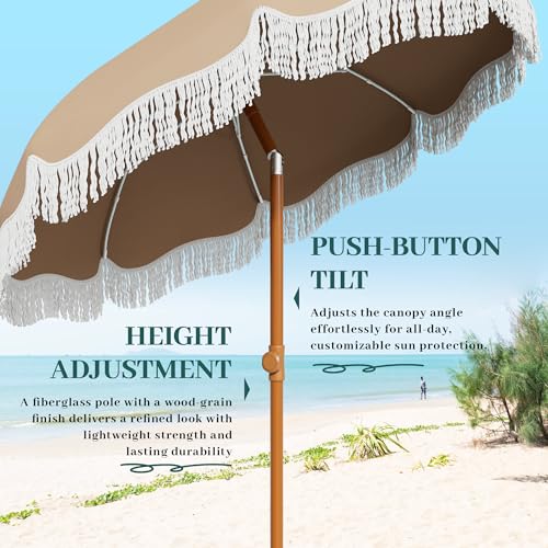 AreShark 7ft Patio Umbrella with Fringe, UPF50+ Beach Umbrella for Table, Pool & Garden, Portable Outdoor Tassels Umbrella w/Fiberglass Ribs&Push Bottom Tilt(Beige) - color: Beige, size: 7FT