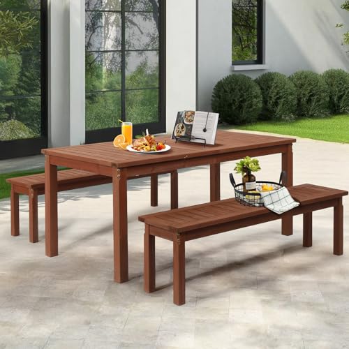 Outvita 3 Piece Outdoor Dining Set, Wood Patio Table and Benches, Indoor Outdoor Patio Furniture for Backyard, Poolside, Entryway, Porch