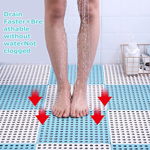 12 Pack 11.8" x 11.8" Interlocking Rubber Floor Tiles Soft PVC Non Slip Splicing Shower Floor Mat Pool Bathtub Drain Tiles for Flooring, Drainage Mats for Pool, Deck, Patio, Basement, Kennel, Poultry - color: White+blue+grey