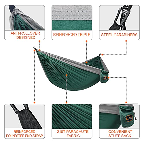 AnorTrek Camping Hammock, Super Lightweight Portable Parachute Hammock with Two Tree Straps Single or Double Nylon Travel Tree Hammocks for Camping Backpacking Hiking - color: Dark Green&light Grey, size: Single 110''L x 55''W
