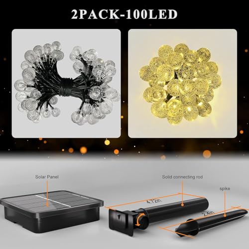 Flechllary 2-Pack 100 LED Solar String Lights for Outsdie, 46FT Crystal Globe Lights with 8 Modes, Solar Christmas Lights Outdoor Waterproof for Garden Tree Patio Party Christmas Decorations