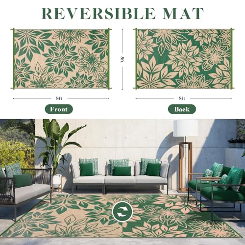 Waterproof Outdoor Rugs 5x8, Green Outdoor Plastic Straw Rug Double-Sided, Fade Resistant Patio Rug, Easy Cleaning RV Camping Mats Outside Carpet Portable for Balcony Porch Garden Deck Picnic - color: Green, size: 5' x 8' (Rectangular)