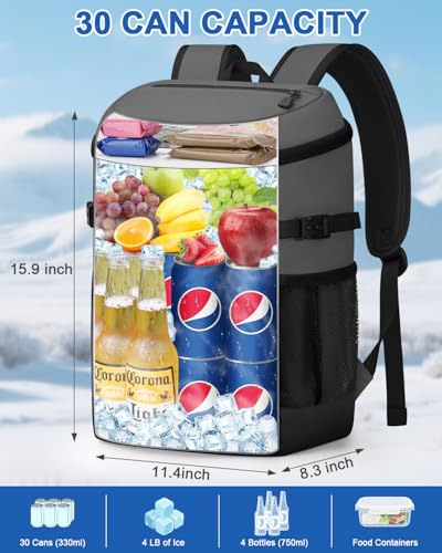 Pritent Cooler Backpack for Men Women Insulated Waterproof Backpack Cooler Leak Proof Cooler Bag Lightweight Lunch Backpack for Camping Beach Travel Picnic - color: Gray, size: 30 Cans