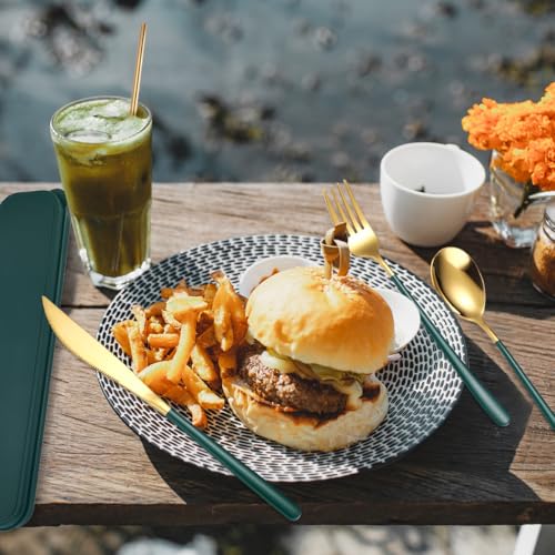 AARAINBOW 6 Pieces 18/8 Stainless Steel Flatware Set Portable Reusable Cutlery Set Travel Utensils Set Including Chopsticks Knife Fork Spoon Straws Cleaning Brush Dishwasher Safe (Green golden) - color: Green golden