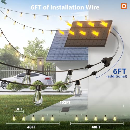 addlon 102FT(96FT+6) Solar String Lights Outdoor Waterproof with USB Port & Remote Control Solar Patio Lights for Outside Solar Powered with 34 LED Dimmable Bulbs for Porch Garden Deck Halloween - size: 96+6FT(32 Sockets)