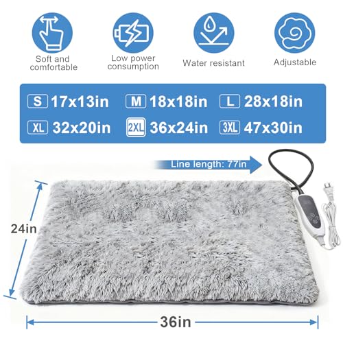 GOLOPET Large Dog Heating Pad 36x24 in with Smart Thermostat Switch and Power Line Protection Tube,Obtained MET and UL Dual Certification,Waterproof Pet Heating Pad with Long Velvet Cloth Cover - size: 36.0"l X 24.0"w