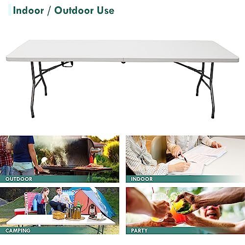AJP Distributors 8 Foot Portable Plastic Folding Table 8FT 96" Half Foldable Heavy Duty Top w/Carry Handle - Indoor Outdoor Backyard Camping Picnic BBQ Party Wedding Dining Office Event Meeting White - color: White, size: 8 Foot