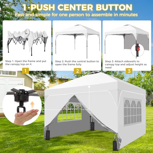8x8 FT Pop Up Canopy with 1-Button Push, 4 Removable Sidewalls, Sandbags, Instant Canopy Tent for Outdoor Events - color: White, size: 8x8 with Sidewalls