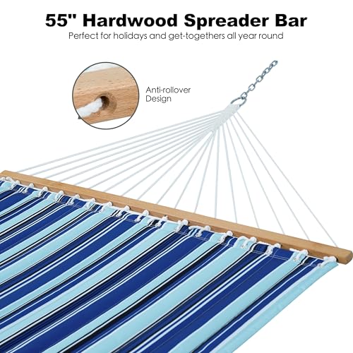 GAFETE Hammock 2 Person Quilted Fabric Hammocks for Outside, Double 12ft Hammocks with Spreader Bar, Large Removable Pillow, Storage Bag, Carabiners, Max 475 lbs Capacity (Catalina Beach) - color: Catalina Beach