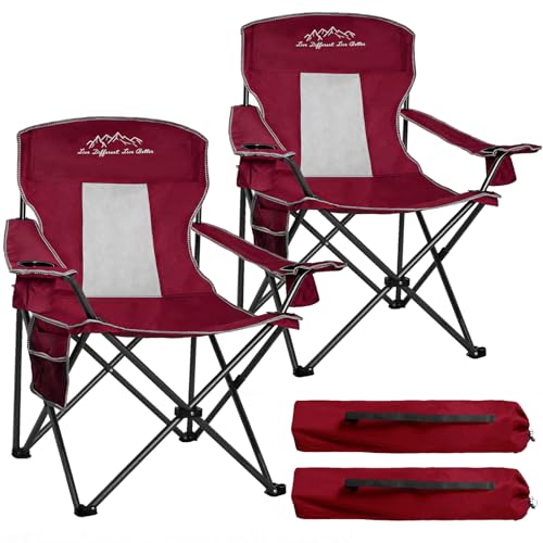Outdoor Folding Camping Chair with Cup Holder, Storage Bag, Large Anti-Sink Feet, 400lbs Capacity, 2 Pack Breathable Mesh Portable Chair for Camping, Beach, Fishing, Sports, Red - color: Red, size: 2 Pack