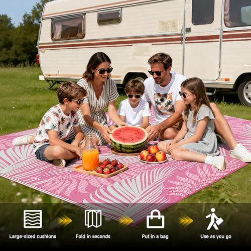 Pauwer Waterproof Outdoor Rug 6x9, Reversible Plastic Straw Patio Camping Rug, Indoor Outdoor RV Mat Carpet for Deck, Camper, Porch, Balcony, Backyard, Picnic, Leaf Pink - color: Leaf Pink, size: 6' x 9' (Rectangular)