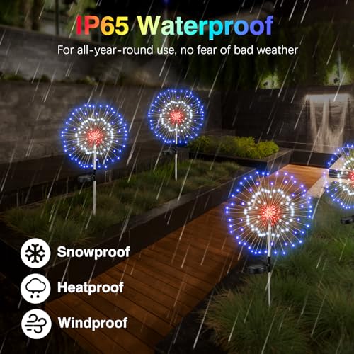 Lewondr 4th of July Firework Solar Garden Lights, Red Blue White Solar Firework Lights with 120 LED 2 Lighting Modes, Outdoor Waterproof Yard Lighting for Independence Day Memorial Day Decor, 4 Pack - size: 4 Pack, style: Firework