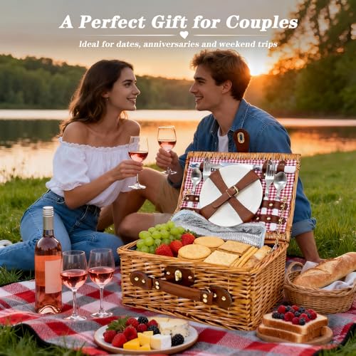 Picnic Basket for 2 - Picnic Basket with Cutlery Kit and Glasses, Insulated Picnic Set with Waterproof Liner, Portable Wicker Picnic Baskets with Lid and Handle for Outdoor, Picnic, Camping, Holidays