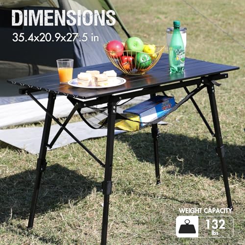 Portal Camping Table Foldable Portable with Adjustable Legs, Aluminum Folding Table Roll Up Table with Carrying Bag for Outdoor, Beach, Picnic, Backyards, BBQ and Party, Black - color: Black, size: Large-35.4"L x 20.9"W