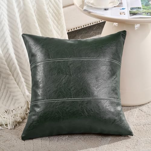 Fancy Homi 2 Packs Olive Green Faux Leather Decorative Throw Pillow Covers 18x18 Inch for Couch Bed Sofa, Modern Farmhouse Boho Home Decor, Dark Green Hand Stitched Accent Square Cushion Case 45x45 cm - color: Dark Green, size: 18" x 18" (Pack of 2)
