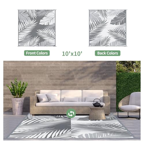 GENIMO Outdoor Rug 10' x 10' Waterproof for Patios Clearance, Reversible Outdoor Plastic Straw Camping Rug Carpet, Large Area Rugs Mats for RV, Camper, Deck, Balcony, Porch, Beach, Picnic, Grey&White - color: Grey & White | Waterproof, size: 10' x 10' (Re