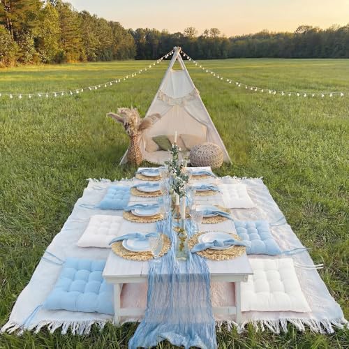 Extra Large Outdoor Picnic Blanket with Table Runner and Floor Pillow Cushion for Picnic Wedding Birthday Baby Shower Backyard Decor(91 x 71'',Light Blue,White,8 Pcs) - color: Light Blue,white
