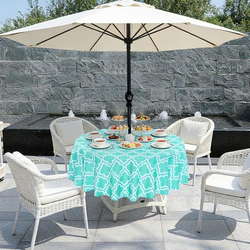 Poise3EHome Round Outdoor Tablecloth with Umbrella Hole and Zipper,Aqua Blue 70 Inch,Polyester SpillProof Washable Table Cloth for Spring Summer Patio Garden Poolside Picnic Camping BBQS - color: Aqua Blue, size: 70" (Round)