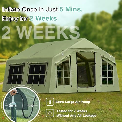 KNUO Inflatable Camping Tent, Large Blow-Up Air Tent, No Assembly Needed Luxury Glamping House, Oxford Fabric - color: Field Green-Dual-layer Doors, size: 12x12ft