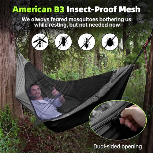 Camping Hammock with Mosquito Net – Portable Parachute Nylon Hammock Tent with Tree Straps, Camp Rope & Stake - for Hiking, Backpacking, Travel, Backyard, Beach – Holds Up to 500lbs (Black) - color: Black