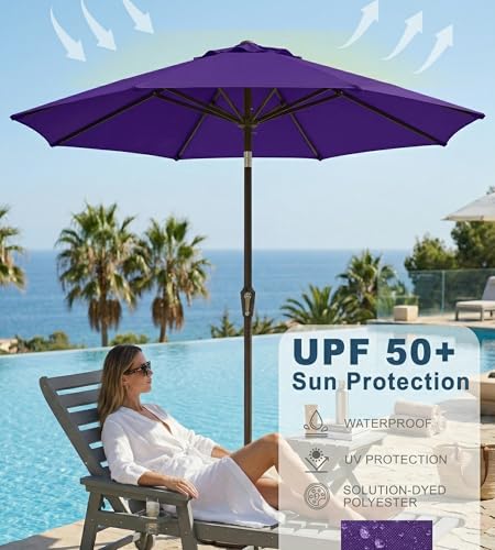 PatioKingdom Auto-Tilt 9FT Patio Umbrella Outdoor with 8 Sturdy Fiberglass Ribs,Market Table Umbrella for Pool,Backyard,Deck and Garden - color: Dark Purple, size: 9FT