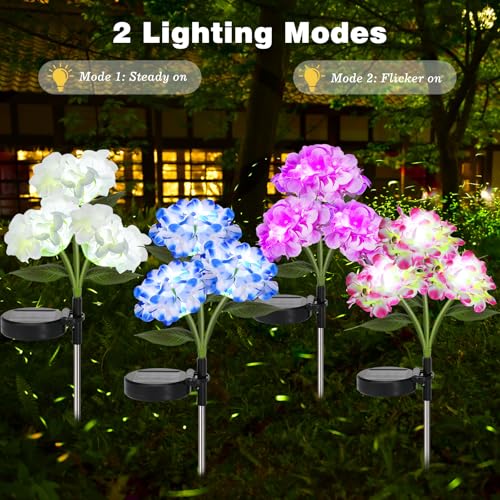 Lewondr 4 Pack Solar Garden Lights, Solar Flowers Lights with 4 Blooming Hydrangea Flowers, Waterproof Solar Lights Outdoor for Yard Porch Patio Backyard Pathway Gardening, 2 Lighting Modes, Colorful - size: 4 Pack, style: Hydrangea
