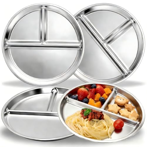 hunnycook Stainless Steel Plates - 4-Pack 9-Inch Unbreakable Stainless Steel Plate Set with 3 Partitions, Safe & Rust-Resistant Balanced Meals Plates for Dinner, Outdoors