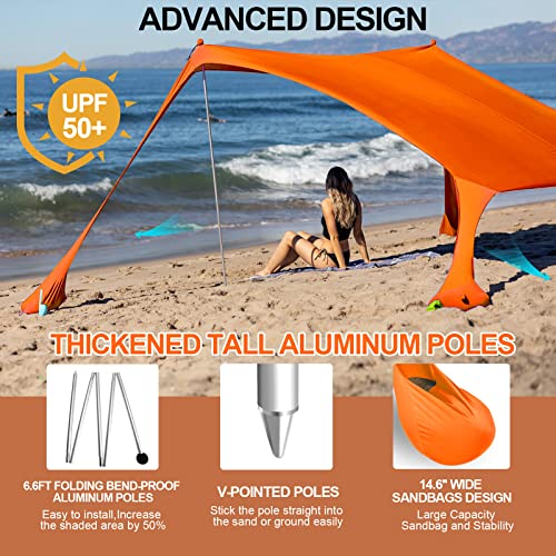 Buheco Beach Tent Pop Up Shade 10x10ft Beach Canopy Sun Shelter UPF50+ with 4 Foldable Poles-Portable Carrying Bag-Sand Shovel-Ground Pegs-Windproof Ropes for Outdoor Family Camping-Fishing- Picnic - color: Orange, size: 10x10FT 4 Pole
