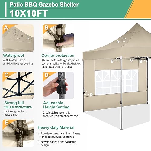 COBIZI 10x10 Pop Up Canopy Tent with 4 sidewalls Commercial Heavy Duty Canopy UPF 50+ All Weather Waterproof Outdoor Canopy Wedding Tents for Parties Gazebo with Roller Bag, Khaki (Windproof Upgraded) - color: Khaki, size: 10x10 With Sidewalls