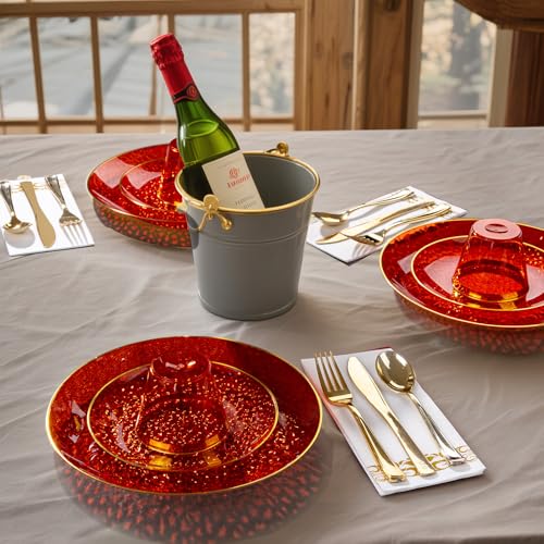 DaYammi 175PCS Clear Red Plastic Dinnerware Set, Hammered Disposable Plates for Mother's Day Party, Include: 25 Dinner Plates 25 Dessert Plates 75 Gold Silverware 25 Napkins 25 Cups for Wedding - color: Clear Red, size: 175 Pcs