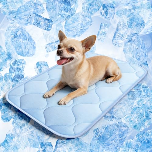 Cooling Mat for Dogs and Cats 24" x 18", Premium Pet Cooling Bed Indoor Outdoor with Waterproof Cover & Ice Silk, Summer Cool Pad for Puppy Kitty, Non-Slip Washable Pet Blanket for Crate Kennel - color: Blue Wave Stitching, size: Small