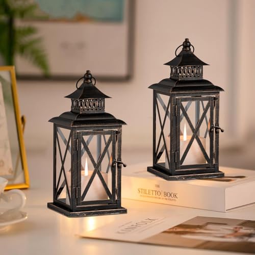 Lantern Decorative Indoor & Outdoor, 2 Pack Large Hanging Candle Lanterns Home Decor, Vintage Metal Candle Holders for Front Porch Patio Wedding Party, Halloween Christmas Decorations (Black) - color: Black / 14.8'' / 2 Pcs