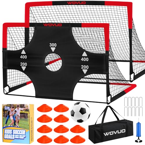 Kids Soccer Goals for Backyard Set of 2, 6x4 ft Portable Toddler Soccer Goal Training Equipment with Soccer Target, Ball, Cones, Soccer Net for Kids Age 3-5 6-8 8-12 10-12-14 Outdoor Sports Games Gift - color: Black Red