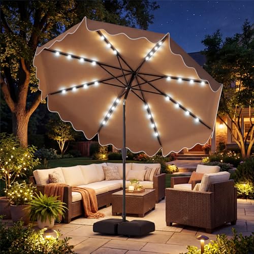 Tangkula 10 FT Solar Patio Umbrella with Base Included, 2-Tiers Outdoor Scalloped Table Umbrella with 32 LED Lights, 2 Sandbags, Tilt Adjustment, Crank, 8 Ribs for Market Backyard Pool Deck Beach Lawn (Coffee, 10 FT) - color: Coffee, size: 10 FT