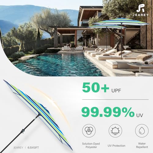 JEAREY 6.5x10 ft Rectangular Patio Umbrellas Rectangle Outdoor Umbrella with Push Button Tilt and Crank, Market Table Umbrella 6 Sturdy Ribs UV Protection for Poolside Garden Backyard Deck, Blue-Green Stripe - color: Blue-Green Stripe