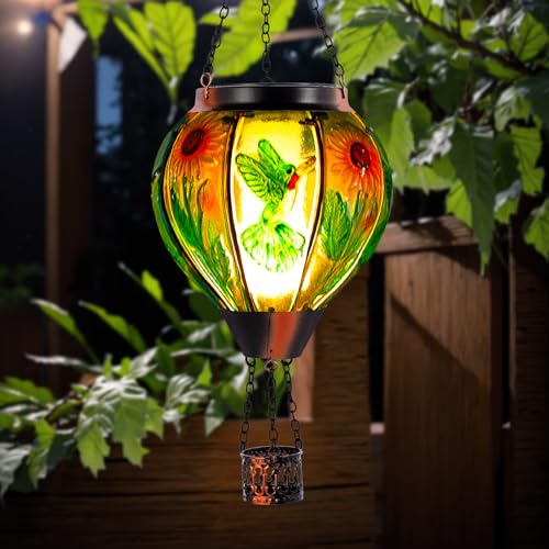 Hummingbird and Sunflower Solar Hot Air Balloon Lantern with Flame, Glass Hot Air Balloon Solar Lantern Outdoor Waterproof, Hanging Solar Lantern for Outside Garden Patio Tree Porch Yard - color: Green